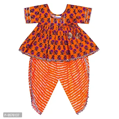 Superminis Baby Girls Jaipuri Print Frock Style Kurti with Frill Sleeves and Dhoti Style Salwar with Elastic Closure Ethnic Dress (Peach, 5-6 Years)