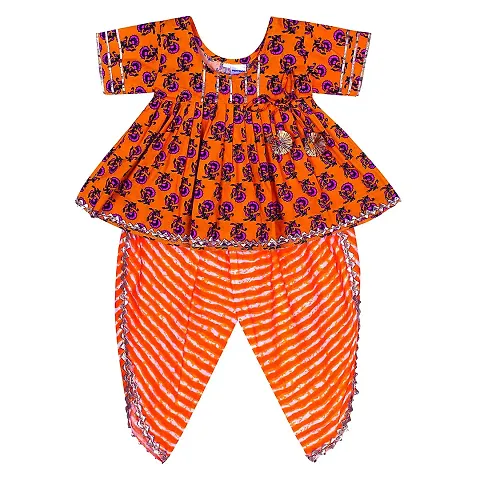 Superminis Baby Girls Jaipuri Print Frock Style Kurti with Frill Sleeves and Dhoti Style Salwar with Elastic Closure Ethnic Dress (Peach, 5-6 Years)