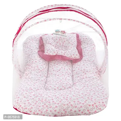 "Superminis Cotton Baby Bedding Set with Pillow and Mosquito Net - Foldable Mattress, Printed, Double Side Zip Closure for New Born (Pink, 0-3 Months)"