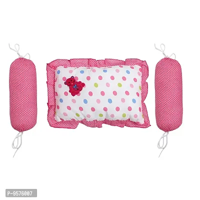 Superminis Cotton Baby Head Pillow with 2 Bolster/Round Side Pillows - Embroidered, Dot Printed for New Born (0-12 Months, Pink)