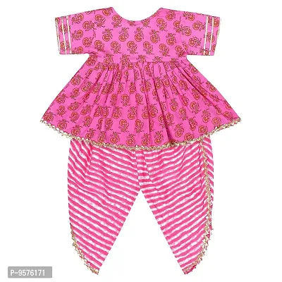 Superminis Baby Girls Jaipuri Print Frock Style Kurti With Frill Sleeves And Dhoti Style Salwar With Elastic Closure Ethnic Dress (Pink Green, 6-12 Months)-thumb2