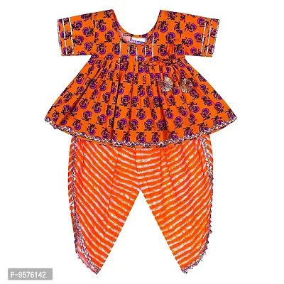 Superminis Baby Girls Jaipuri Print Frock Style Kurti with Frill Sleeves and Dhoti Style Salwar with Elastic Closure Ethnic Dress (Peach, 6-12 Months)