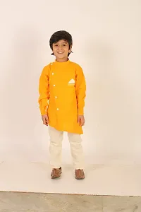 "Superminis Boys Cotton Side Button Open Kurta with Pocket Square Style and Elastic Pyjama Set - Mandrin Collar, Side Slits, Criss Cross Bottom Shaped, Full Sleeves (3-4 Years, Yellow)"-thumb1