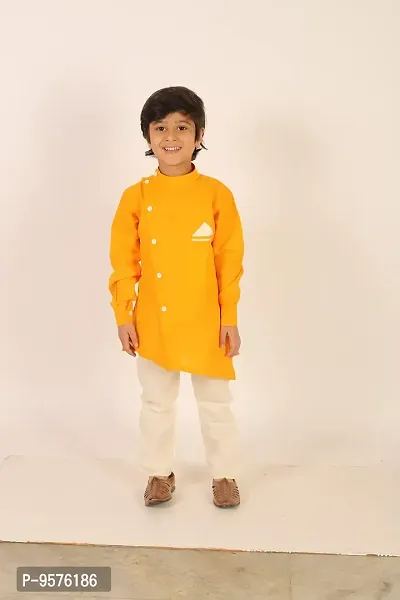 "Superminis Boys Cotton Side Button Open Kurta with Pocket Square Style and Elastic Pyjama Set - Mandrin Collar, Side Slits, Criss Cross Bottom Shaped, Full Sleeves (3-4 Years, Yellow)"-thumb2