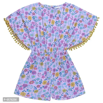 "Superminis Girls Floral Print Cotton Rayon Kaftan Style Playsuit/Jumpsuit with Pom Pom (Pink, 7-8 Years)"