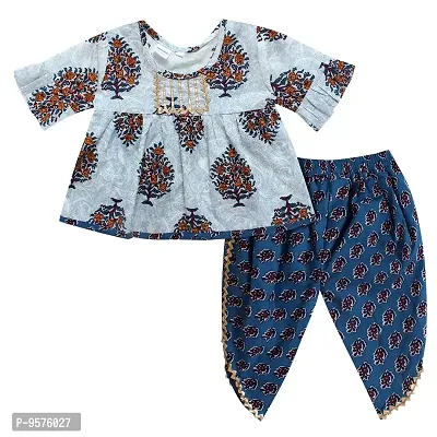 Superminis Baby Girls Jaipuri Print Frock Style Kurti With Frill Sleeves And Dhoti Style Salwar With Elastic Closure Ethnic Dress (Blue, 12-18 Months)