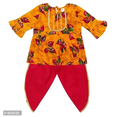 Superminis Baby Girls Jaipuri Print Frock Style Kurti with Frill Sleeves and Dhoti Style Contrast Color Salwar with Elastic Closure Ethnic Dress (Yellow, 4-5 Years)