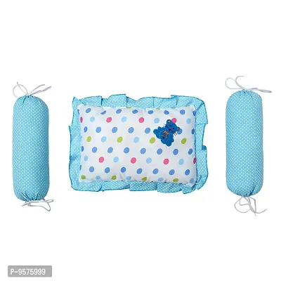 "Superminis Cotton Baby Head Pillow with 2 Bolster/Round Side Pillows - Embroidered, Dot Printed for New Born (0-12 Months, Sky Blue)"-thumb0