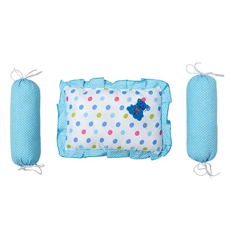 "Superminis Cotton Baby Head Pillow with 2 Bolster/Round Side Pillows - Embroidered, Dot Printed for New Born"
