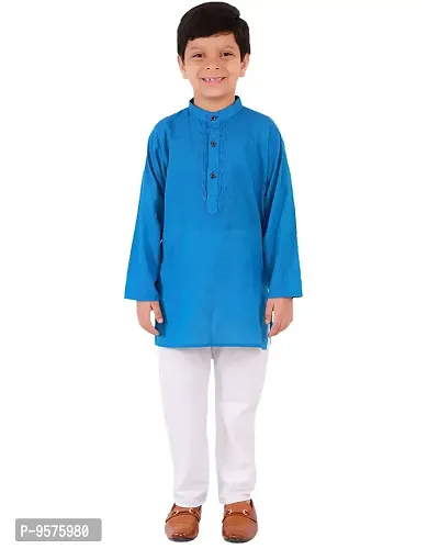 "Superminis Boy's Handloom Cotton Kurta with Pyjama - Embroidered, Round Collar, Knee Length, Full Sleeves for Ethnic Wear (Dark Blue, 8-9 Years)"