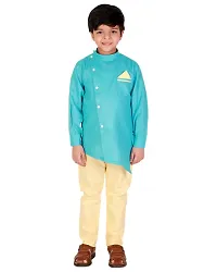 Superminis Boys Cotton Side Button Open Kurta with Pocket Square Style and Elastic Pyjama Set - Mandrin Collar, Side Slits, Criss Cross Bottom Shaped, Full Sleeves (7-8 Years, Sky Blue)-thumb1