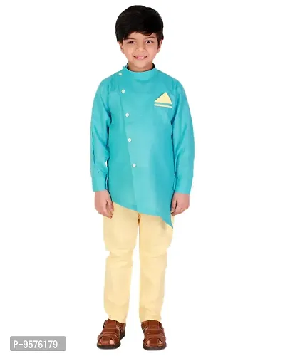 Superminis Boys Cotton Side Button Open Kurta with Pocket Square Style and Elastic Pyjama Set - Mandrin Collar, Side Slits, Criss Cross Bottom Shaped, Full Sleeves (7-8 Years, Sky Blue)-thumb2