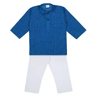 "superminis Baby Boys Ethnic Wear Cotton Handloom Kurta Dress with Contrast Color Thread Work and White Pyjama Set (Blue, 8-9 Years)"-thumb1