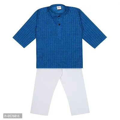 "superminis Baby Boys Ethnic Wear Cotton Handloom Kurta Dress with Contrast Color Thread Work and White Pyjama Set (Blue, 8-9 Years)"-thumb2