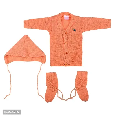 "Superminis Baby Girl and Baby Boy Woollen Sweater with Cap and Booties for 0-6 Months (3pc, Orange)"
