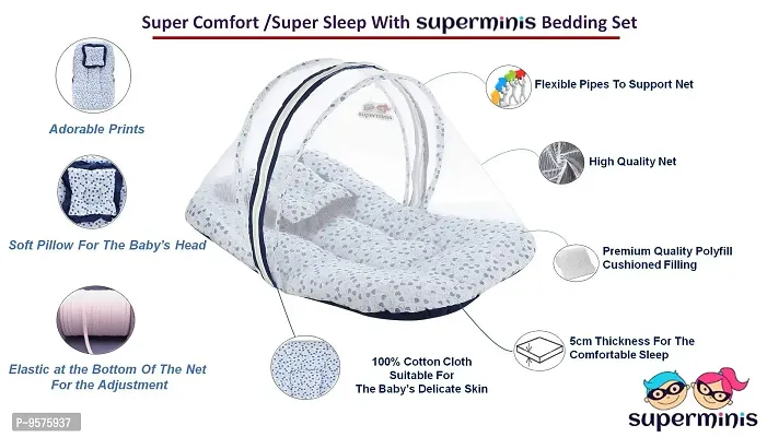 "Superminis Cotton Baby Bedding Set with Pillow and Mosquito Net - Foldable Mattress, Printed, Double Side Zip Closure for New Born(Blue, 0-3 Months)"-thumb2