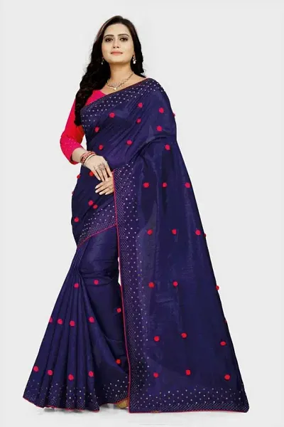 Techno Women's Zoya Silk/Paper Silk Saree Hotfix diamond work with Pom Pom Pattern (5.50 mtr) with Blouse (0.80mtr)