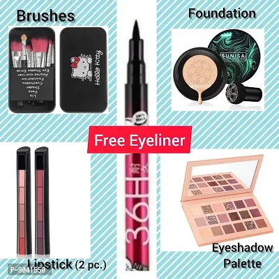 Womens  Girls Ultimate best Makeup Combo2 Sunisa 3 in 1 Foundation,Nude Eyeshadow,Hello Kitty 2PC Lipstick with Free 36H Eyeliner