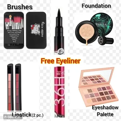 Womens  Girls Ultimate Makeup Best Combo Sunisa 3 in 1 Foundation,Nude Eyeshadow,Hello Kitty 2PC Lipstick with Free 36H Eyeliner