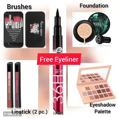 Womens  Girls Ultimate Makeup Combo2 Sunisa 3 in 1 Foundation,Nude Eyeshadow,Hello Kitty 2PC Lipstick with Free 36H Eyeliner