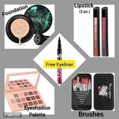 Womens  Girls Prettify Makeup Combo Sunisa 3 in 1 Foundation,Nude Eyeshadow,Hello Kitty 2PC Lipstick with Free 36H Eyeliner-thumb0