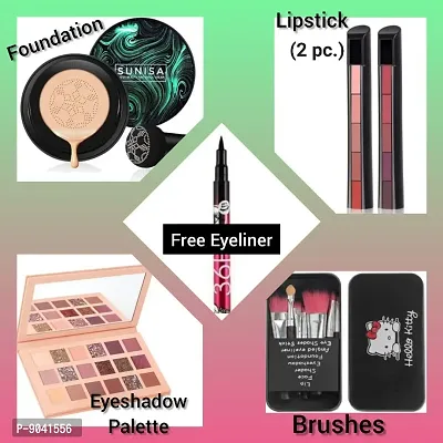 Womens  Girls Ultimate Makeup Combo Sunisa 3 in 1 Foundation,Nude Eyeshadow,Hello Kitty 2PC Lipstick with Free 36H Eyeliner