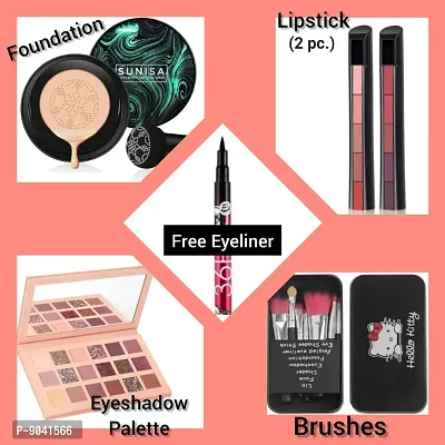 .Ultimate Makeup Combo for Girls Sunisa 3 in 1 Foundation,Nude Eyeshadow,Hello Kitty 2PC Lipstick with Free 36H Eyeliner