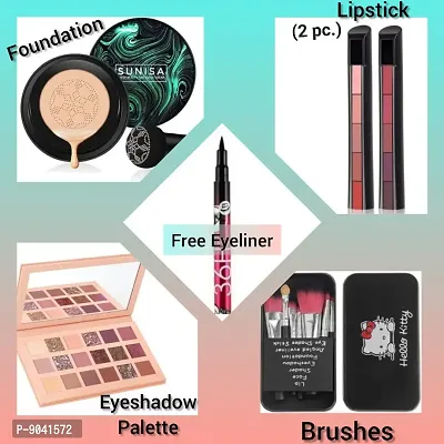 Ultimate Makeup Combo Sunisa 3 in 1 Foundation,Nude Eyeshadow,Hello Kitty 2PC Lipstick with Free 36H Eyeliner