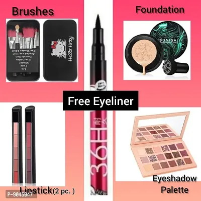 Best Makeup Combo Sunisa 3 in 1 Foundation,Nude Eyeshadow,Hello Kitty 2PC Lipstick with Free 36H Eyeliner