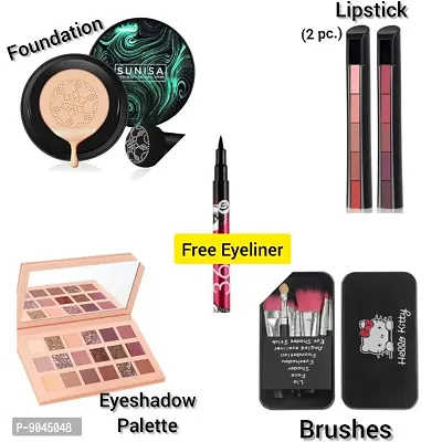 .Ultimate Makeup Combo for Girls Sunisa 3 in 1 Foundation,Nude Eyeshadow,Hello Kitty 2PC Lipstick with Free 36H Eyeliner-thumb0