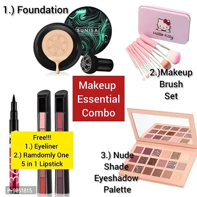 Essential Makeup Combo Kit  Foundation,Nude Eyeshadow,Hello Kitty  free lipstick and eyeliner Set of 5-thumb0