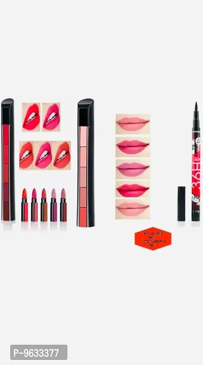 Combo of 2 Fabulous Matte Shades 5 in 1 Lipstick (Red + Nude) Editi + 36H EYELINE FREE (3 Items in the set)  Style