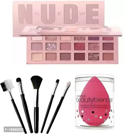 Nude Eyeshadow Palette-18 Shades 5 g( Multicolor) For Women And Girls + 5 Pcs Makeup Brushes Set + Blender Puff Spnges (Set of 7)