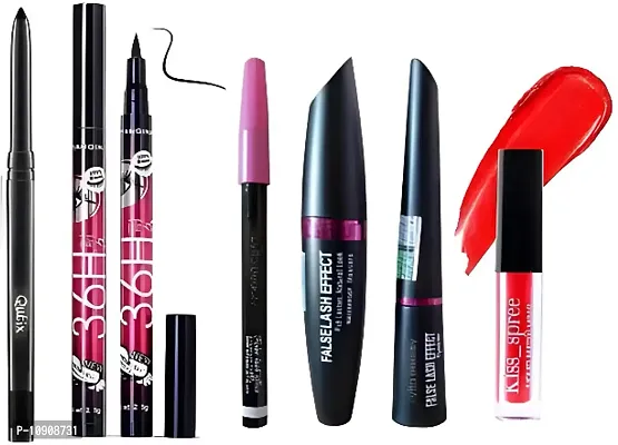 3in1 Kajal, Mascara ,Eyeliner + Makeup Beauty Smudge Proof Long lasting Liquid eyeliner + Liquid Matte Red lipstick