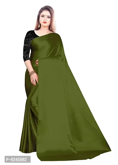 Women's Satin Plain Saree With Black Blouse (Mehndi)-thumb0