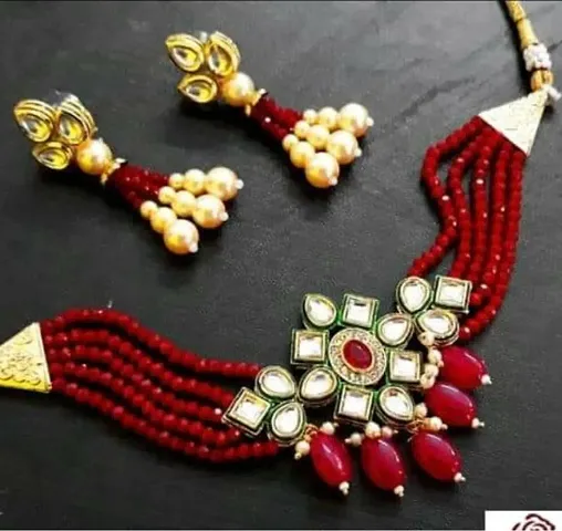 Plated Beaded Kundan Stone Glass Crystal Beads Choker With Earring Set For Girls and Woman