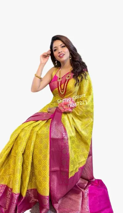 INFINITY CREATION Women's Latest Banarasi Checkered Soft Lichi Silk Desiner Saree With Un-Stitch Blouse Piece, YELLOW, 5.5 meters