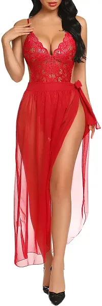 AmiLuv Lingerie for Women Babydoll Sexy Mesh Maxi Nightdress Strappy Exotic Sleepwear Side Slits