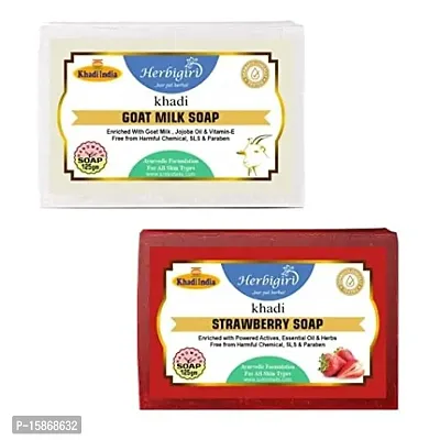 Classic Khadi Natural Soap Combo- Goat Milk and Strawberry Handmade Soap Enriched With Essential Oils( Pack Of 2, 125G Each )