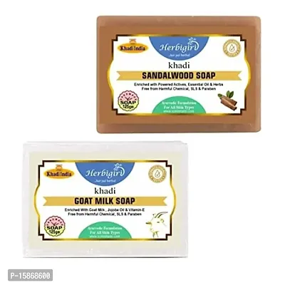 Classic Khadi Natural Soap Combo- Sandalwood and Goat Milk Handmade Soap Enriched With Essential Oils( Pack Of 2, 125G Each )