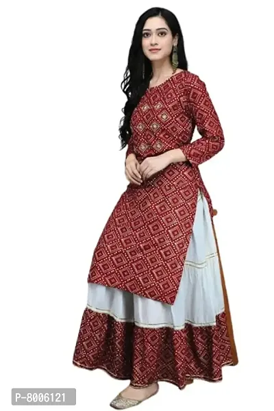 Buy  Try Women's Rayon Straight Kurti with Skirt Set Bandhani Foil Print Kurta Skirt for Girls, Diwali, Festival Puja. Maroon-L