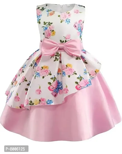 Buy  Try Girl's Satin Floral Printed Knee Length Short Frock Dress.-thumb0