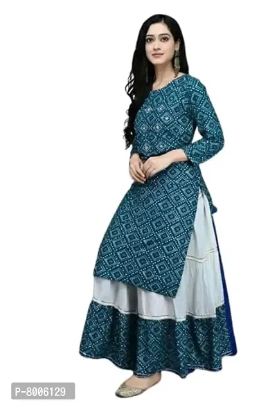 Buy  Try Women's Rayon Straight Kurti with Skirt Set Bandhani Foil Print Kurta Skirt for Girls, Diwali, Festival Puja.-thumb0