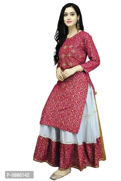 Buy  Try Women's Rayon Straight Kurti with Skirt Set Bandhani Foil Print Kurta Skirt for Girls, Diwali, Festival Puja. Pink-XXL
