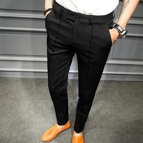 Classic Polyester Spandex Solid Casual Trousers for Men