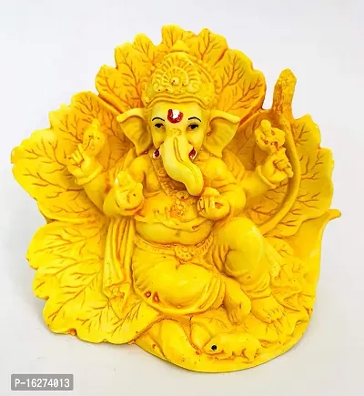 Leaf Ganesh Idol Murti Statue for Car Dashboard Gift Lord Ganesha Ganpati Idols Showpiece Figurine for Home Pooja Room Diwali Decoration (Yellow)