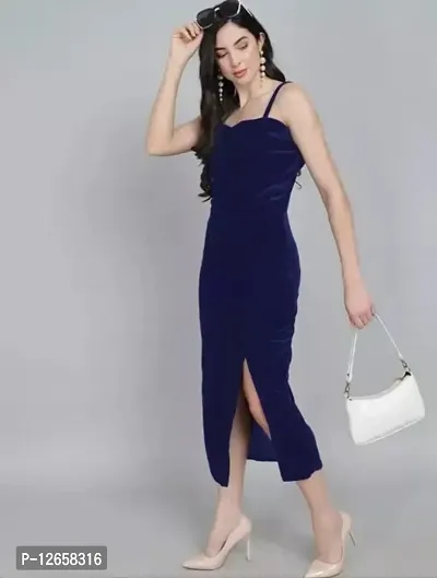 Stylish navy blue velvet solid maxi dress for women