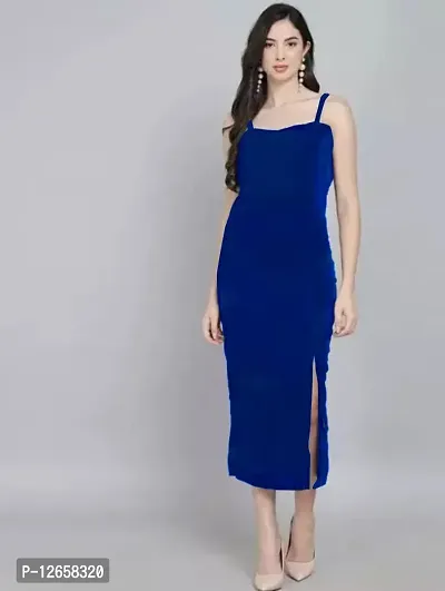 Stylish blue velvet solid maxi dress for women