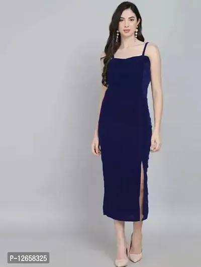 Stylish navy blue velvet solid maxi dress for women