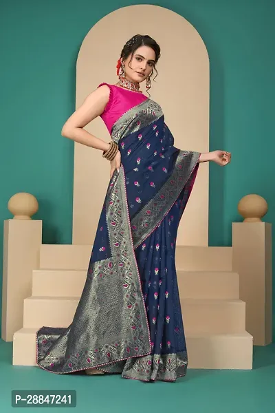 Stylish Navy Blue Art Silk Saree With Blouse Piece For Women-thumb2